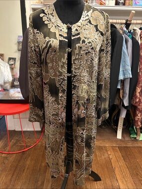 VTG Burned Velvet/Silk Citron Olive and Black Sheer Floral Layering Top